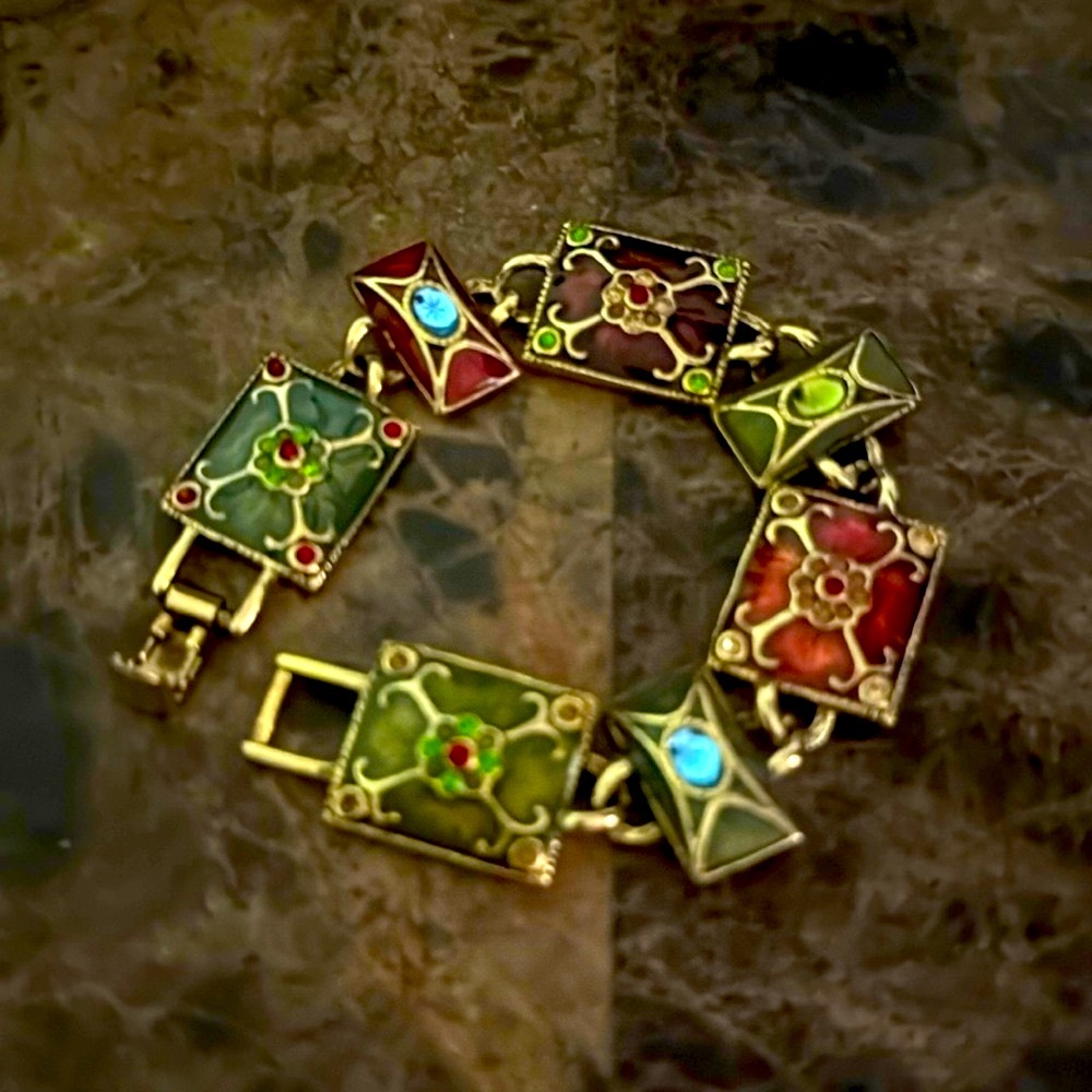 Bracelet brass seven elaborate jeweled enamel plates green blue magenta
